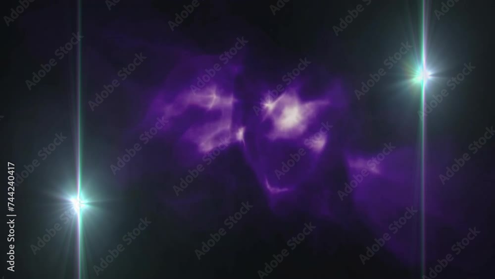 Animation of blue spotlight beams over purple light clouds on dark background Animation of blue spotlight beams over purple light clouds on dark background