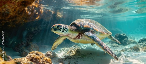 A green turtle gracefully swimming through the clear blue ocean waters.