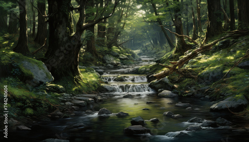 Sunlight filters through trees onto a serene forest stream.