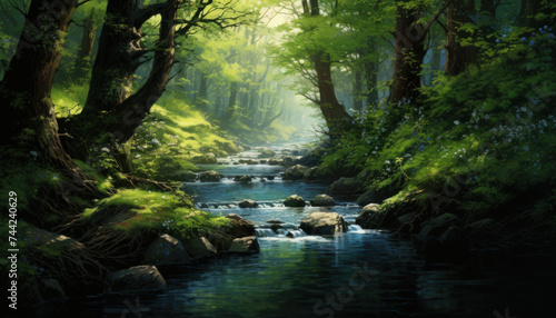 Serene stream flowing through a sunlit mystical forest.