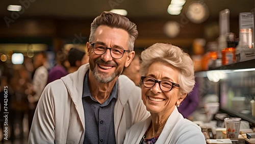 Cheerful mother and adult son share a joyful moment, their smiles radiating warmth and family connection as they stand inside a bustling cafe photo