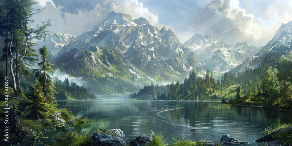 A tranquil scene of a lake in a lush mountain valley.