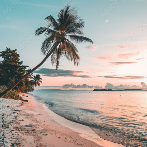 A lone palm tree leans over a peaceful beach at sunset.
