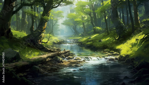 A serene digitally painted forest with a gentle stream.