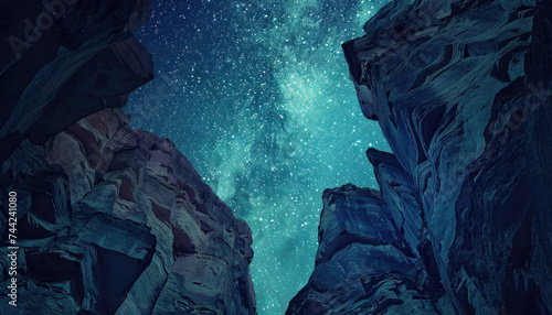 Milky Way galaxy shining between towering rock cliffs at night.