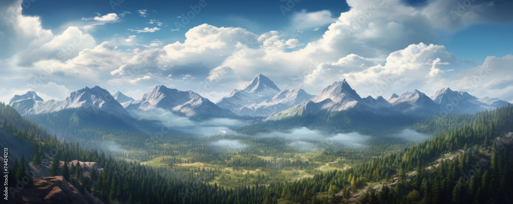 Fototapeta premium Stunning panoramic view of a serene mountain landscape.