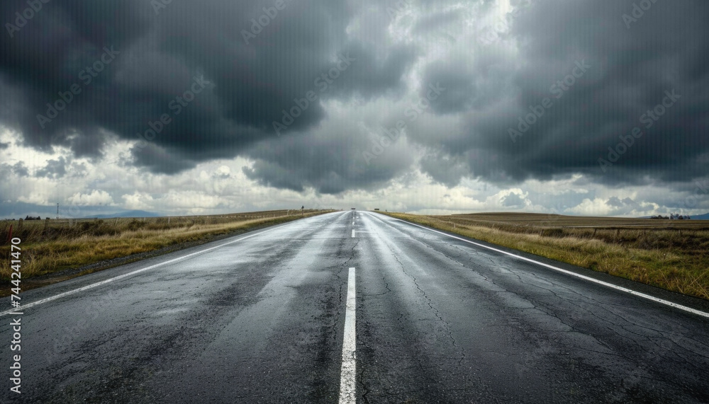 A wet asphalt road leading into a dark stormy sky.