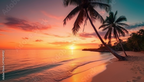 Palm trees silhouette against vibrant sunset on beach © Kent Kreative Kit 