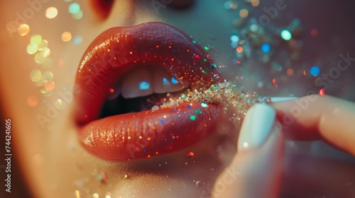Woman lips with gloss capsule. generative ai