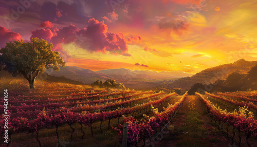 Vibrant sunset sky with clouds over a scenic vineyard.