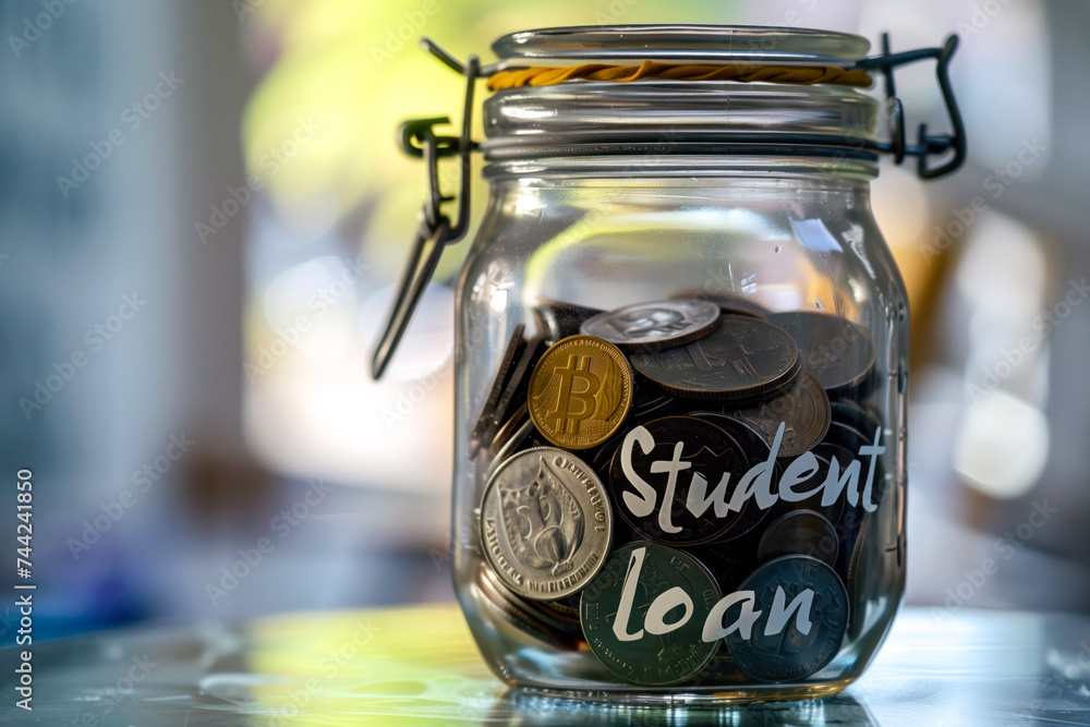 A glass jar filled with coins, labeled Student Loan, highlighting savings and education financing A glass jar filled with coins, labeled Student Loan, highlighting savings and education financing