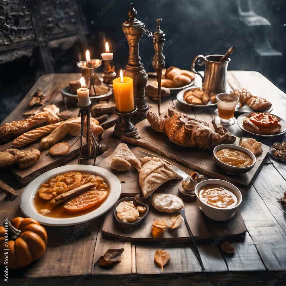 rustic breakfast on the table inside an old ship rustic breakfast on the table inside an old ship