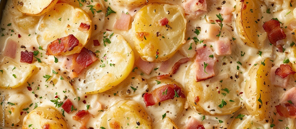 Close-up of a patterned potato casserole showcasing baked potato slices, bacon, ham, and a creamy sauce, as seen from the top. Close-up of a patterned potato casserole showcasing baked potato slices, bacon, ham, and a creamy sauce, as seen from the top.