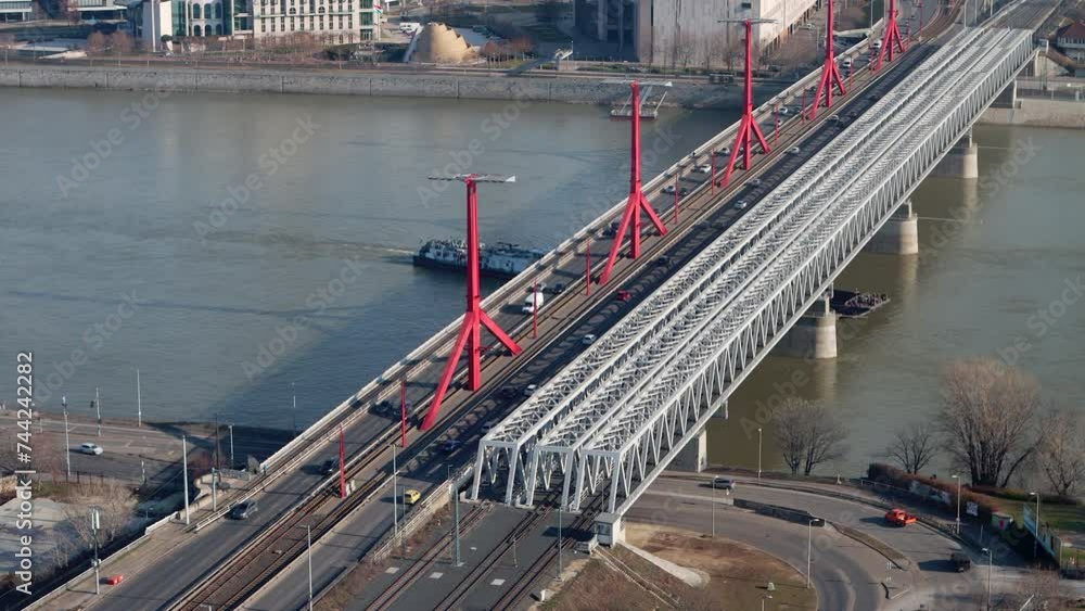 Rakoczi Bridge Across Danube River In Budapest, Hungary. POV From MOL Campus Skydeck. high angle shot Rakoczi Bridge Across Danube River In Budapest, Hungary. POV From MOL Campus Skydeck. high angle shot