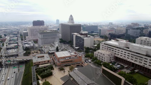 Los Angeles CA USA. Aerial View, Hall of Justice, County Courthouse and Administration Buildings, US-101 Highway Traffic, Cathedral of Our Lady of the Angles photo