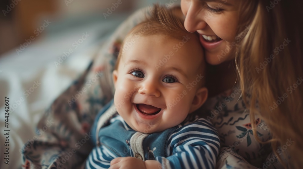 Mother laughing with 3 month old baby boy generative ai Mother laughing with 3 month old baby boy generative ai