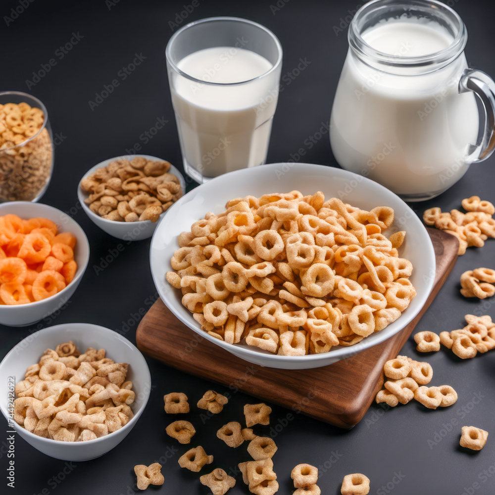 breakfast with cereal spread on the table and milk on the table breakfast with cereal spread on the table and milk on the table