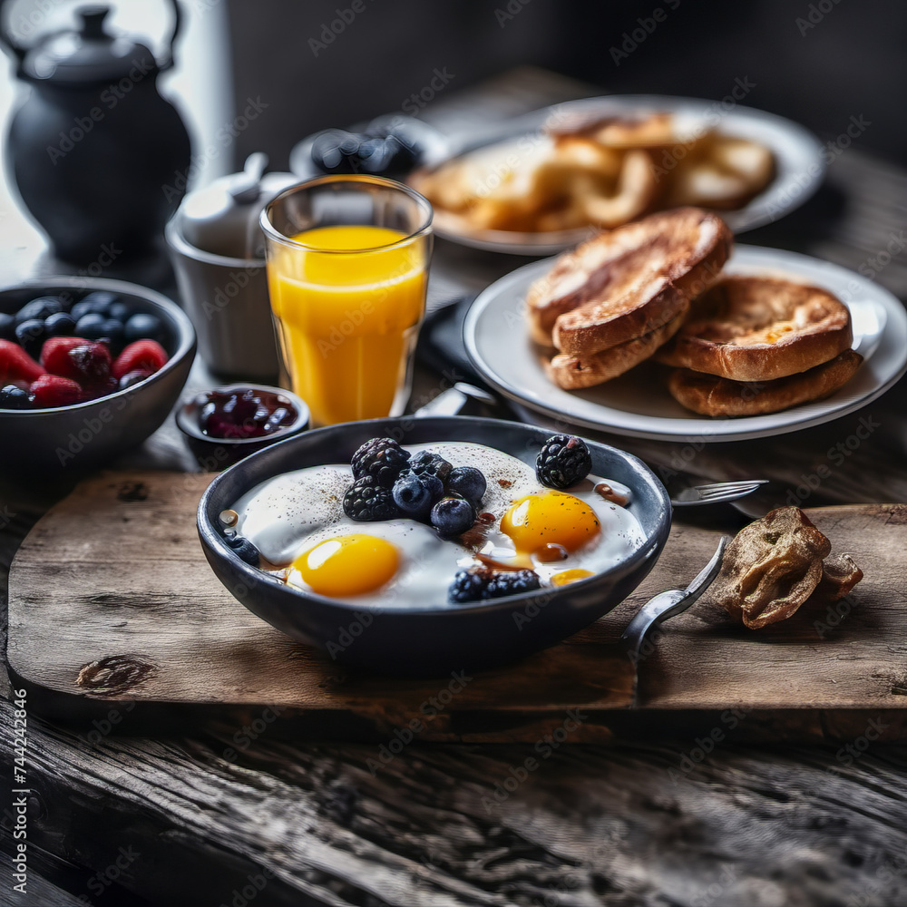 rustic breakfast with healthy fruit eggs on the table rustic breakfast with healthy fruit eggs on the table