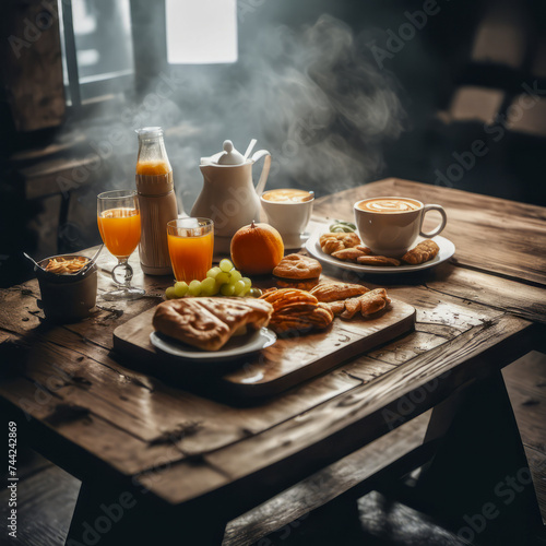 A sliver of soft, vintage light cuts through the smoky haze of a ship cabin, revealing a rustic wooden table. Warm croissants, steaming coffee, and fresh fruit provide a comforting start to the day. P