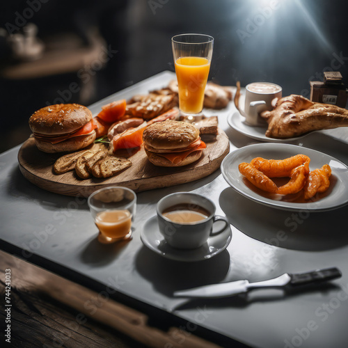 A sense of mystery fills a dimly lit, smoky ship cabin, where a breakfast of warm croissants, steaming coffee, and fresh fruit sits on a rustic wooden table. A sliver of soft, vintage light cuts throu