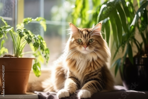 Cute cat in home interior, big windows, home green plants, living room background