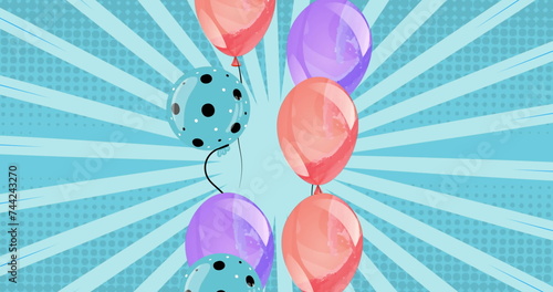 Image of colorful balloons flying over blue background