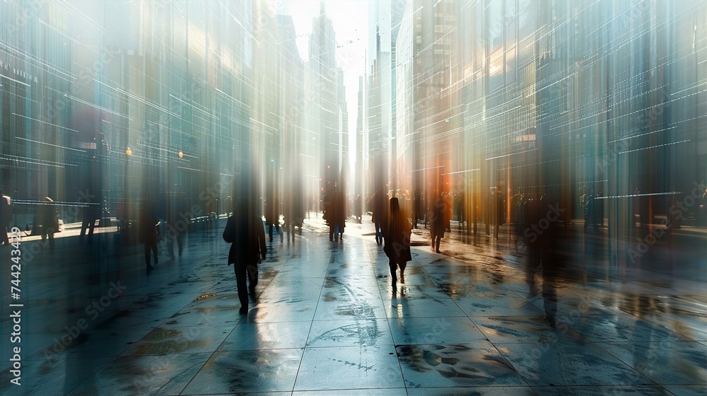 Beautiful motion blur image of people walking in City between skyscrapers 
