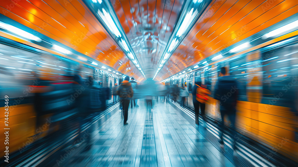 Motion blur of people walking in Tube tunnel, rush hours, commuting concept