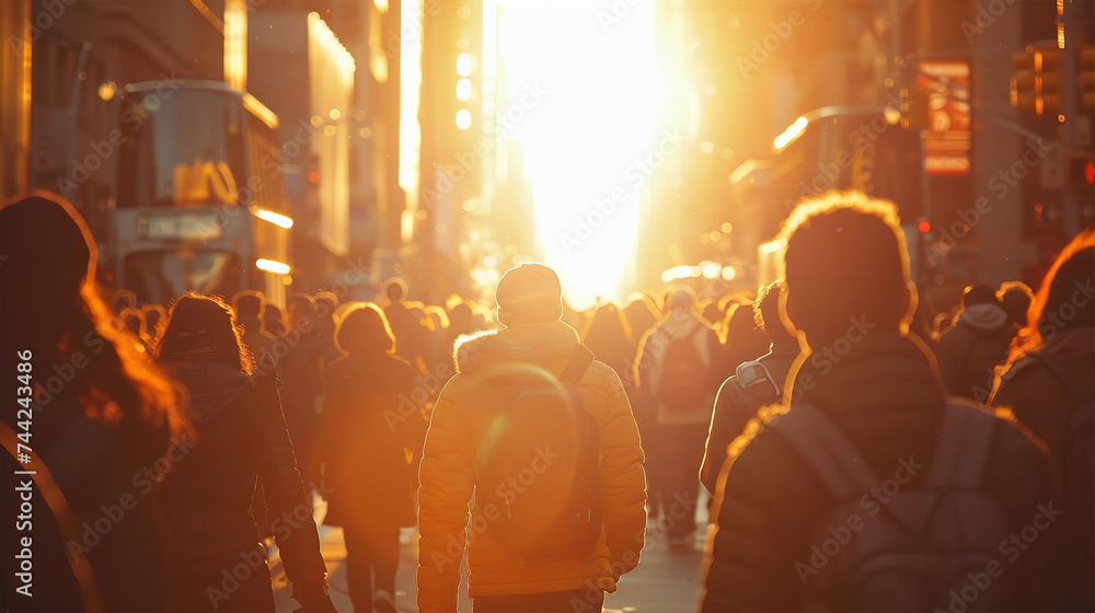 Crowd of people walking on wide city street with sunset at the background., City life, social issues concept
