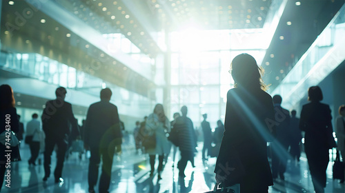 Group of people walking against of sunset in modern office building glass lobby