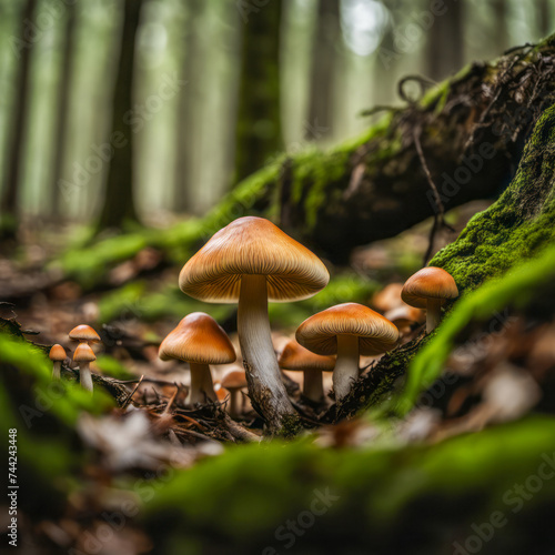A patch of mushrooms grows in the forest, contrasting with the leafy background. 