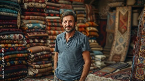 Iranian carpet shop owner portrait with lots of carpets in piles at the background, friendly smiling and inviting to come inside