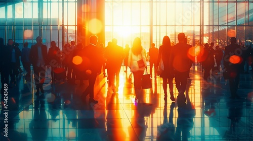 Group of people walking against of sunset in modern office building glass lobby