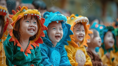 Adorable little kids in animal's costumes are watching performance, smiling and emotionally responding to show