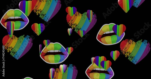 Image of rainbow hearts and lips on black background