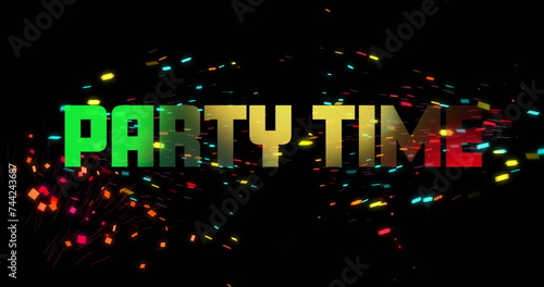 Image of party time text and confetti on black background