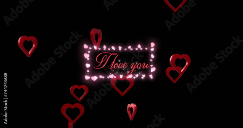 Image of i love you text over red hearts and light spots on black background