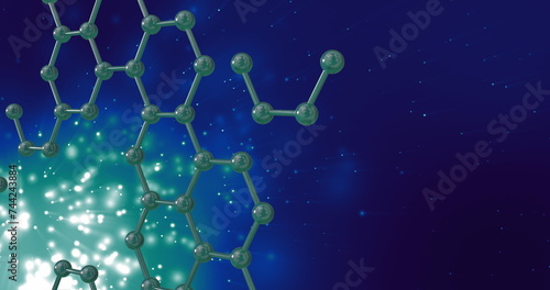 Image of micro 3d of molecules over glowing lights on blue background