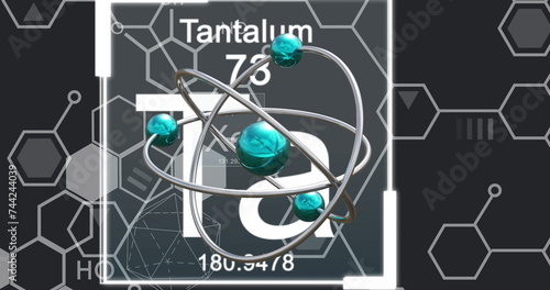 Image of micro of atom models and tantalum symbol over black background