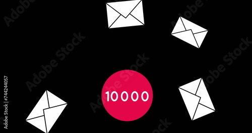 Image of envelope icons falling while numbers are going up to ten thousand on a pink dot on a black 