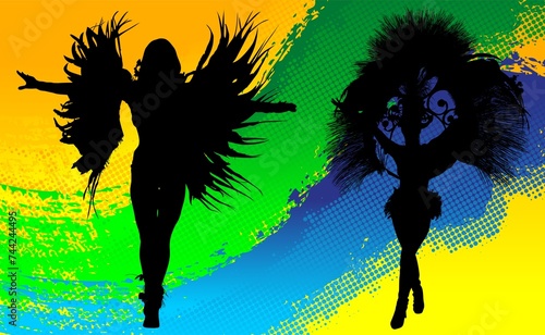 samba, baile, brasil, danza, carnaval, silueta, color, vector, pegatina, plumas, traje, ilustracion, angel, diablo, pareja