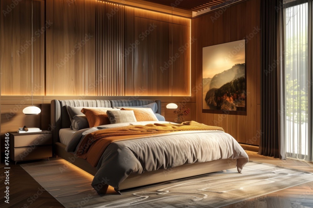 Modern bedroom with wooden panels and warm lighting Modern bedroom with wooden panels and warm lighting