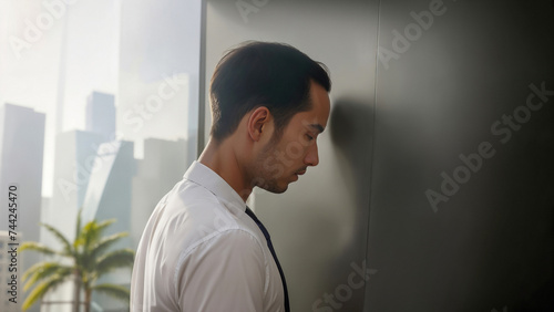 Man in white shirt in office standing with his head against wall, dead end situation, deadlock, with copy space