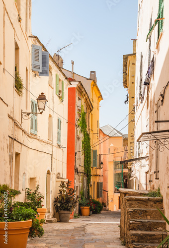 Corsica  Bastia view of old town  Corsica  France. Narrow streets with typical french facades.