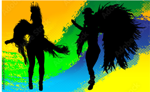 samba, baile, brasil, danza, carnaval, silueta, color, vector, pegatina, plumas, traje,  ilustracion, angel, diablo, pareja