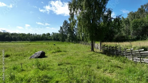 Traditional swedish fence and gate made of wooden slats on the island of Borgmästarholmen. Norrtälje, Sweden. photo