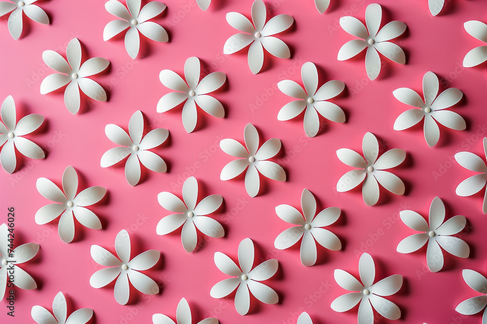 Floral pattern of white flowers on a pastel pink background. The concept of spring, nature and beauty. Floral pattern of white flowers on a pastel pink background. The concept of spring, nature and beauty.