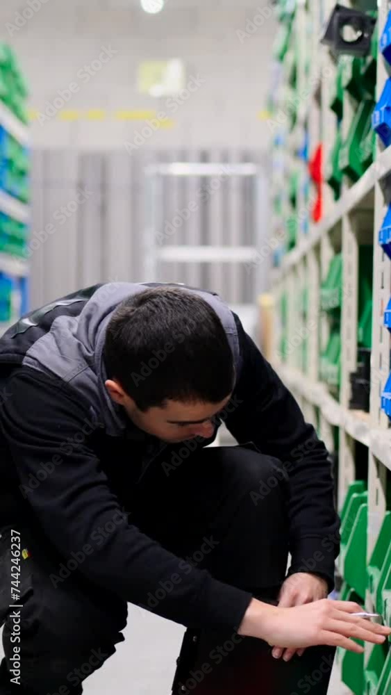 Young man working in a retail storehouse. Employee doing inventory in a corridor Young man working in a retail storehouse. Employee doing inventory in a corridor