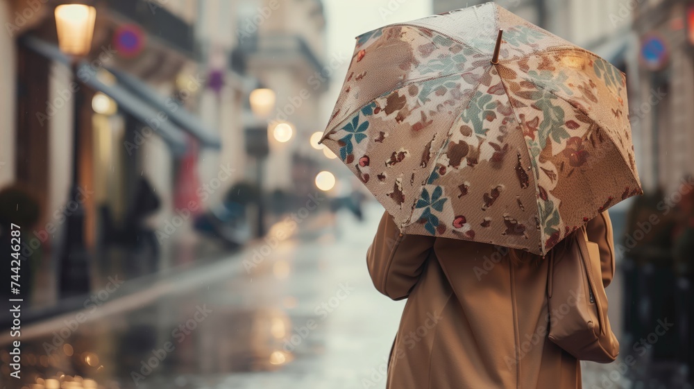 Person with umbrella in rainy city street