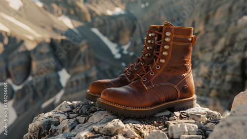 Leather hiking boots on rocky mountain terrain